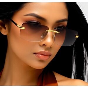 Rimless Sunglasses Women Rectangle‎ Brown Lens Gold Frame Fashion Sreet Wear New